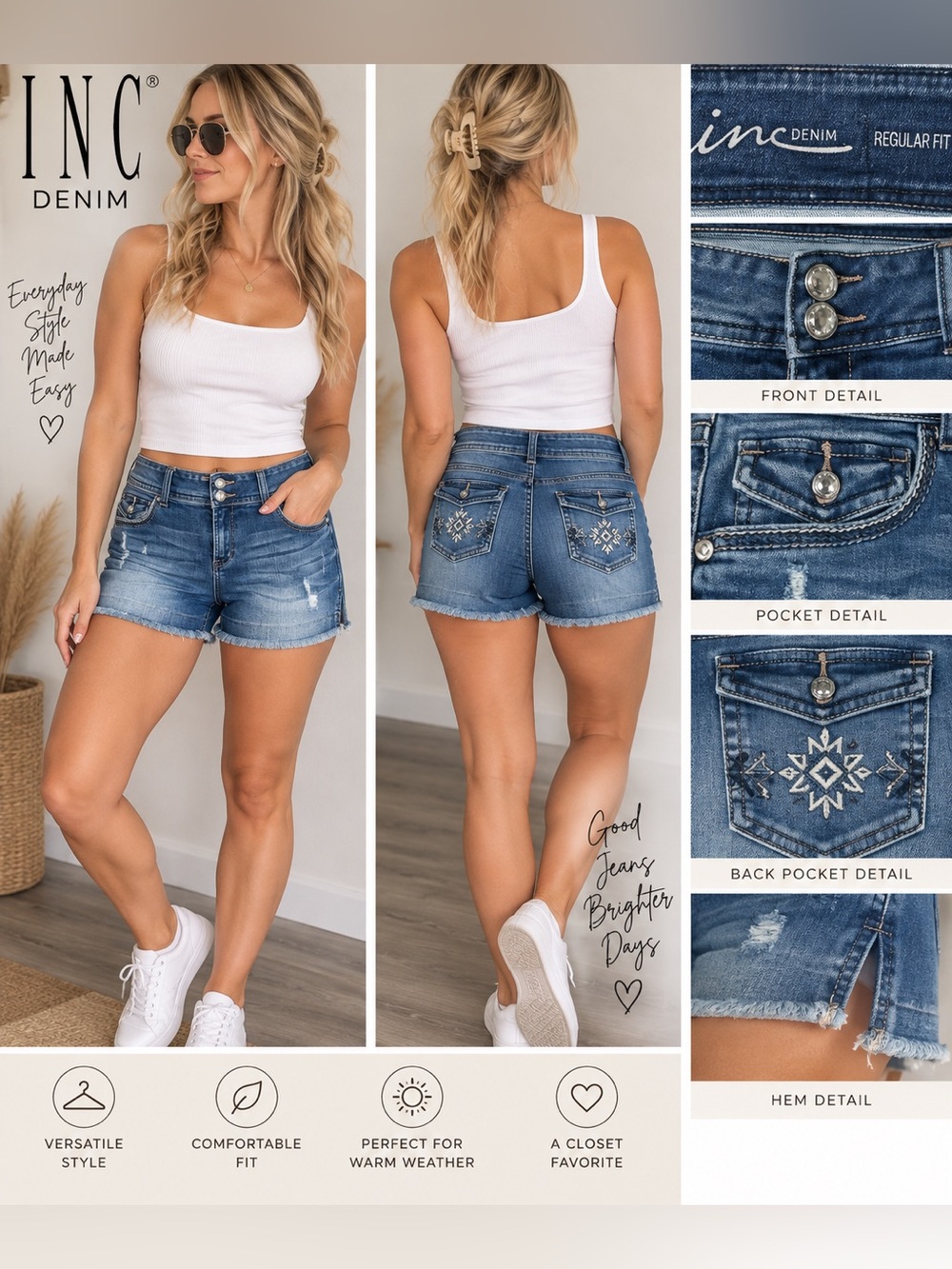 INC Denim Size 6 Distressed Embroidered Denim Shorts Regular Fit